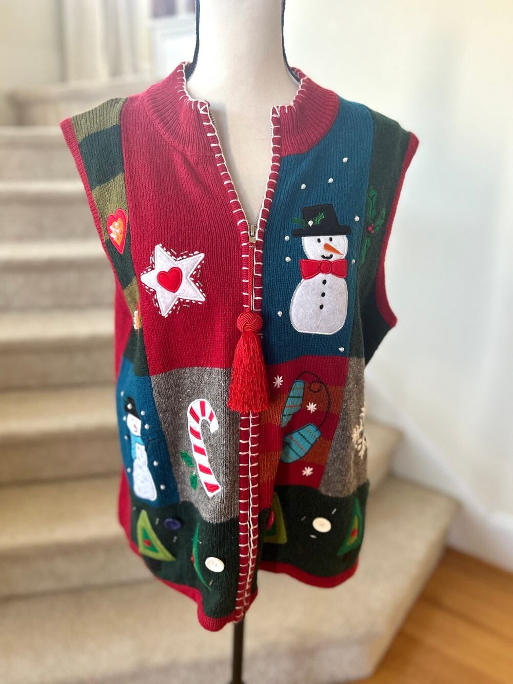 Vintage Patchwork Snowman Candy Cane Red Wool Blend Vest